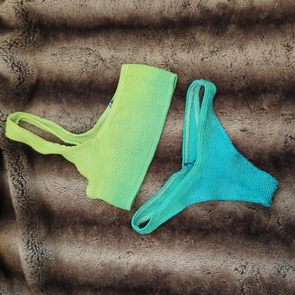 One-Shoulder Green and Blue Bikini Set